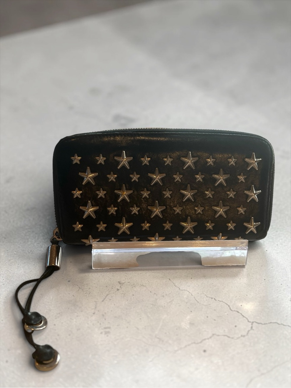 Jimmy Choo Carnaby Black Leather Star Stud Zip Around Wallet